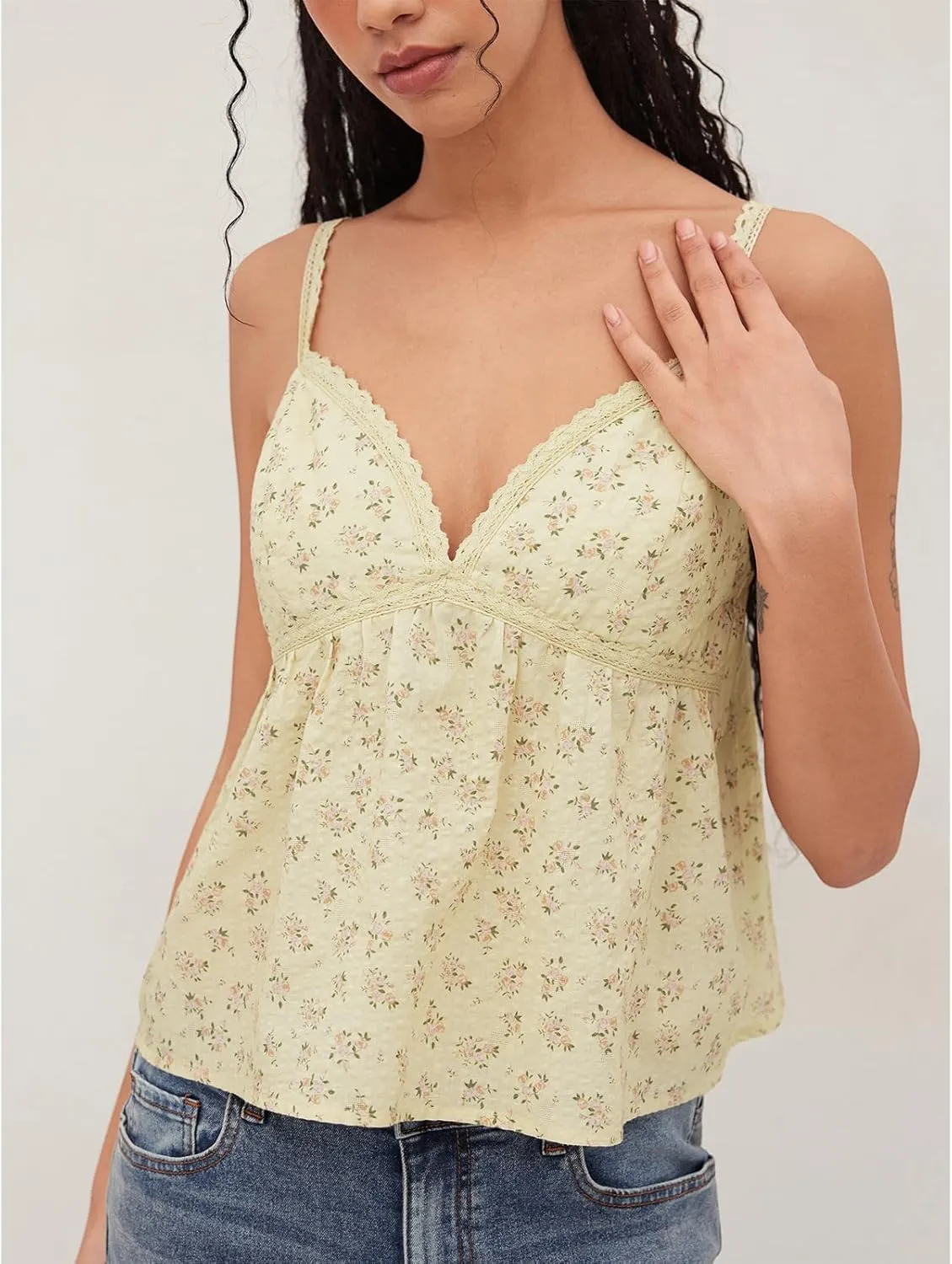 Women Y2k Floral Babydoll Tank Cami Top Spaghetti Strap Cut Ruffle Sleeveless Shirts Aesthetic Going Out Tops