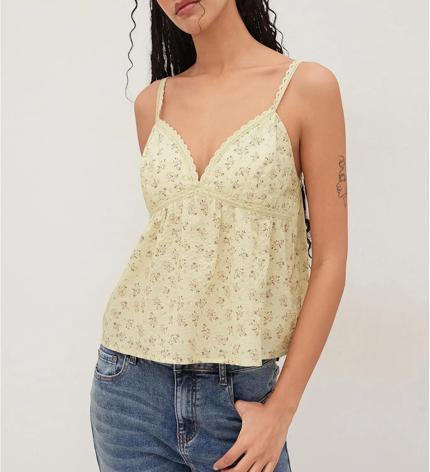 Women Y2k Floral Babydoll Tank Cami Top Spaghetti Strap Cut Ruffle Sleeveless Shirts Aesthetic Going Out Tops