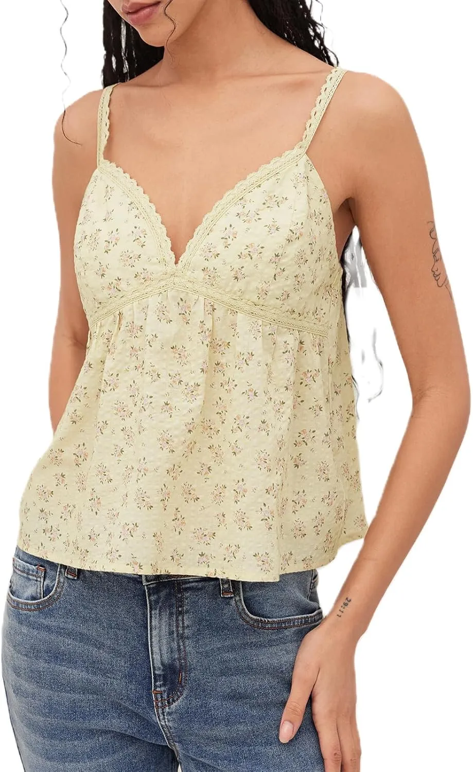 Women Y2k Floral Babydoll Tank Cami Top Spaghetti Strap Cut Ruffle Sleeveless Shirts Aesthetic Going Out Tops