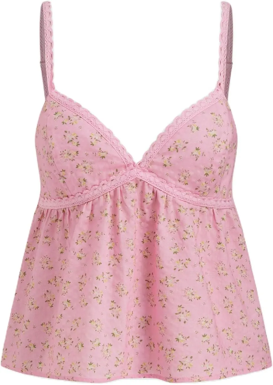Women Y2k Floral Babydoll Tank Cami Top Spaghetti Strap Cut Ruffle Sleeveless Shirts Aesthetic Going Out Tops