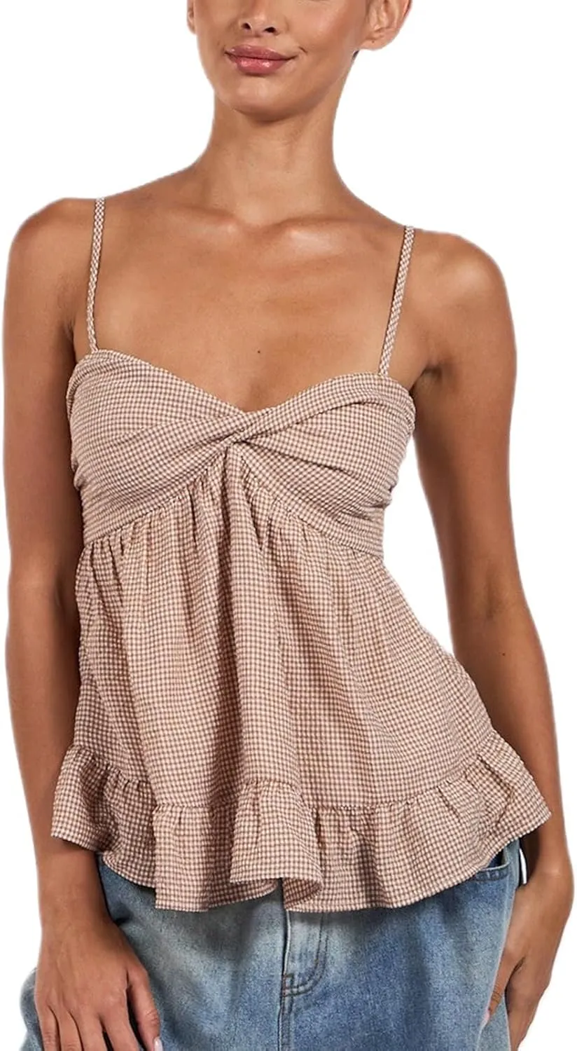 Women Y2k Floral Babydoll Tank Cami Top Spaghetti Strap Cut Ruffle Sleeveless Shirts Aesthetic Going Out Tops