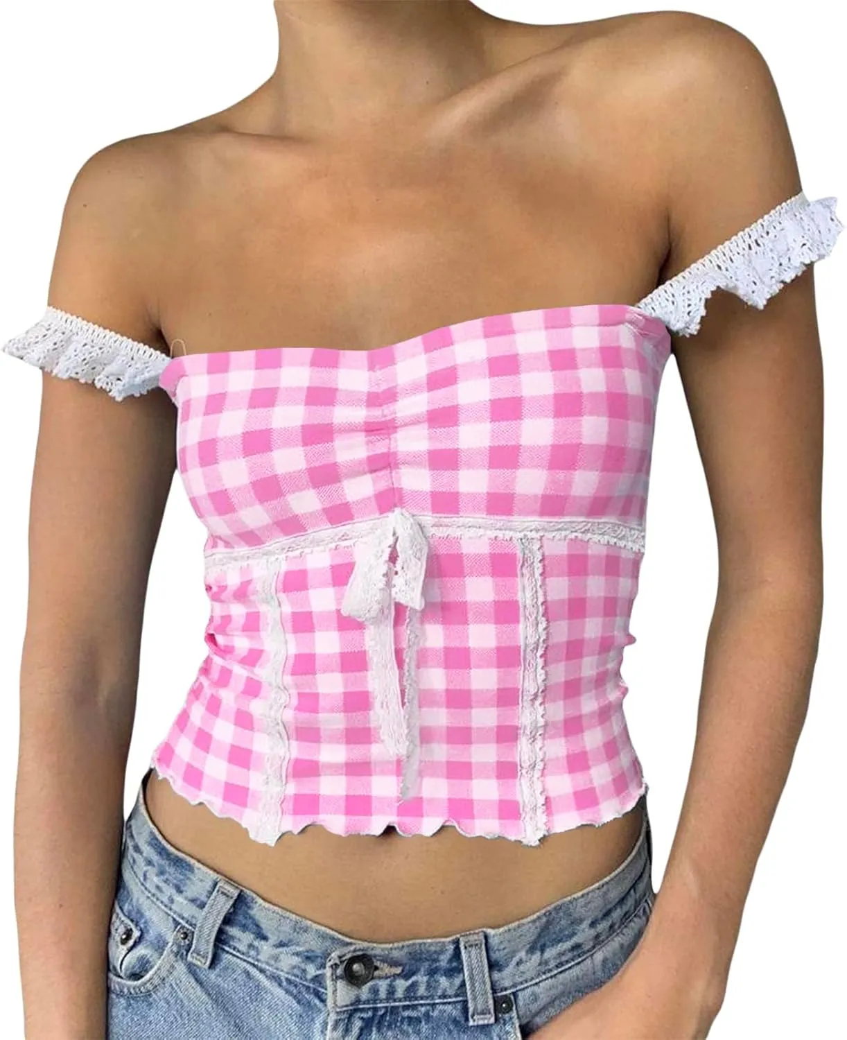 Women Y2k Gingham Tank Top Cute Backless Flowy Hem Spaghetti Strap Top Retro Lace Trim Plaid Babydoll Cami Shirt
