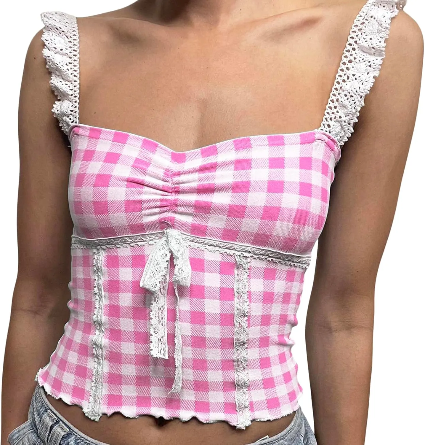 Women Y2k Gingham Tank Top Cute Backless Flowy Hem Spaghetti Strap Top Retro Lace Trim Plaid Babydoll Cami Shirt