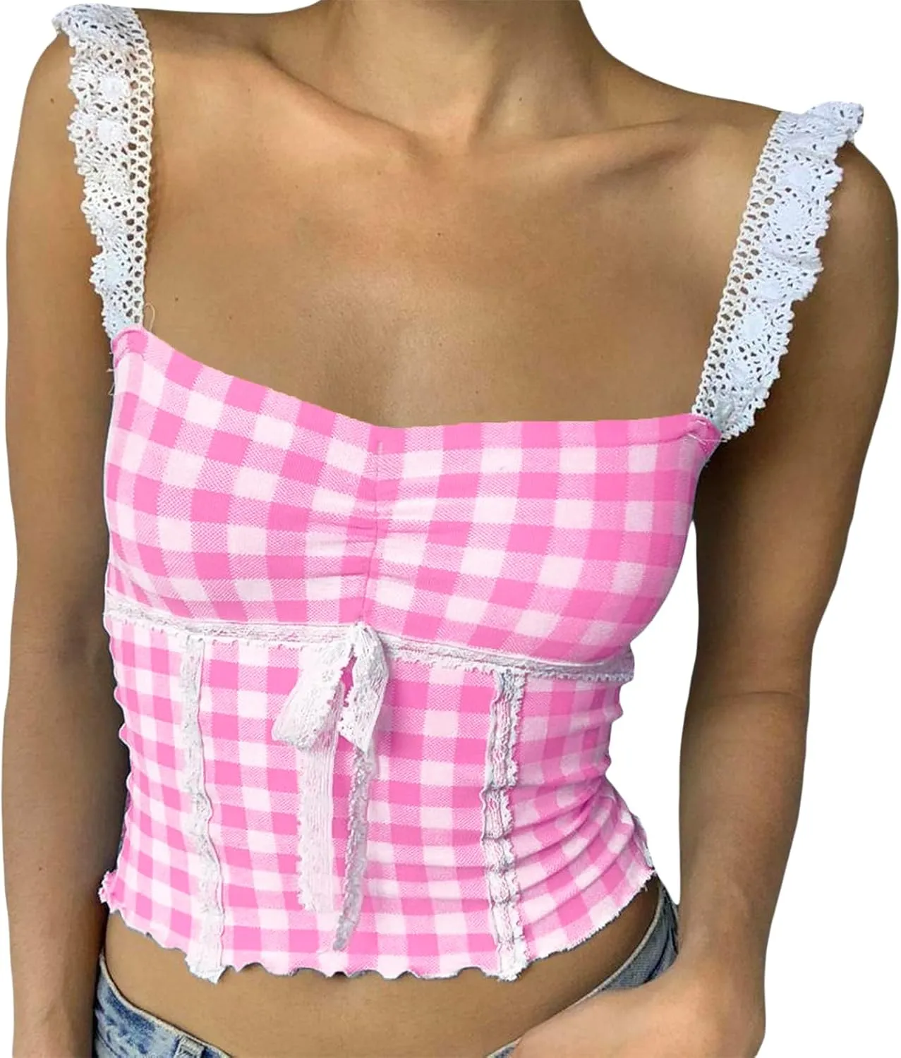 Women Y2k Gingham Tank Top Cute Backless Flowy Hem Spaghetti Strap Top Retro Lace Trim Plaid Babydoll Cami Shirt