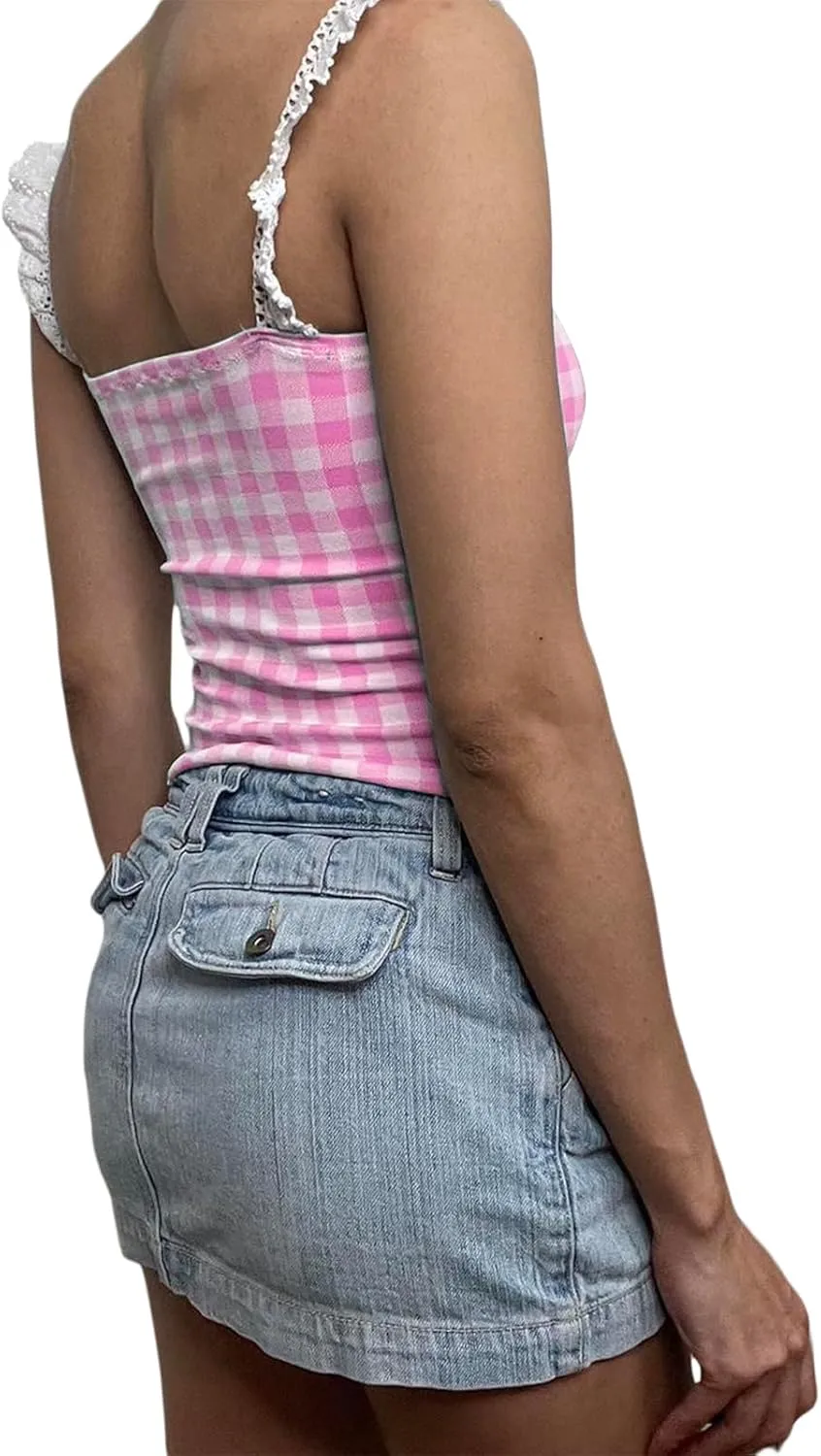 Women Y2k Gingham Tank Top Cute Backless Flowy Hem Spaghetti Strap Top Retro Lace Trim Plaid Babydoll Cami Shirt