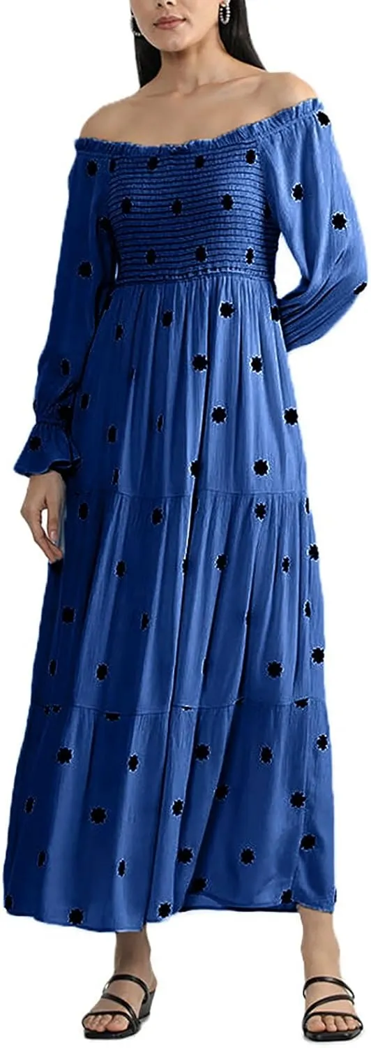 Women's 2024 Boho Off-Shoulder Long Sleeve Smocked High Waist Long Dress Floral Flowy A Line Ruffle Trim Maxi Dresses