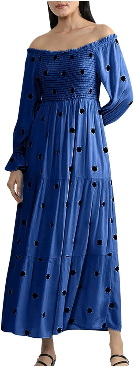 Women's 2024 Boho Off-Shoulder Long Sleeve Smocked High Waist Long Dress Floral Flowy A Line Ruffle Trim Maxi Dresses