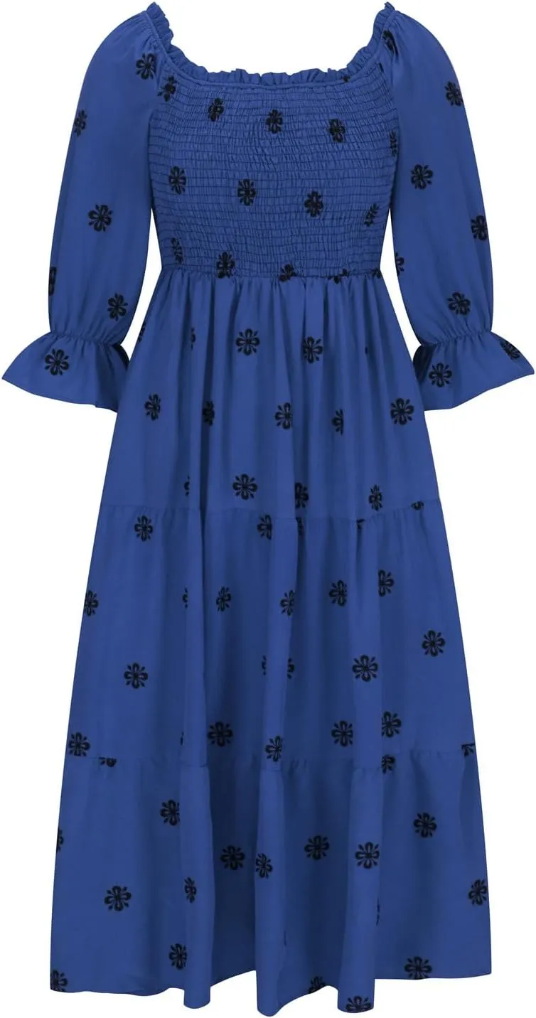 Women's 2024 Boho Off-Shoulder Long Sleeve Smocked High Waist Long Dress Floral Flowy A Line Ruffle Trim Maxi Dresses