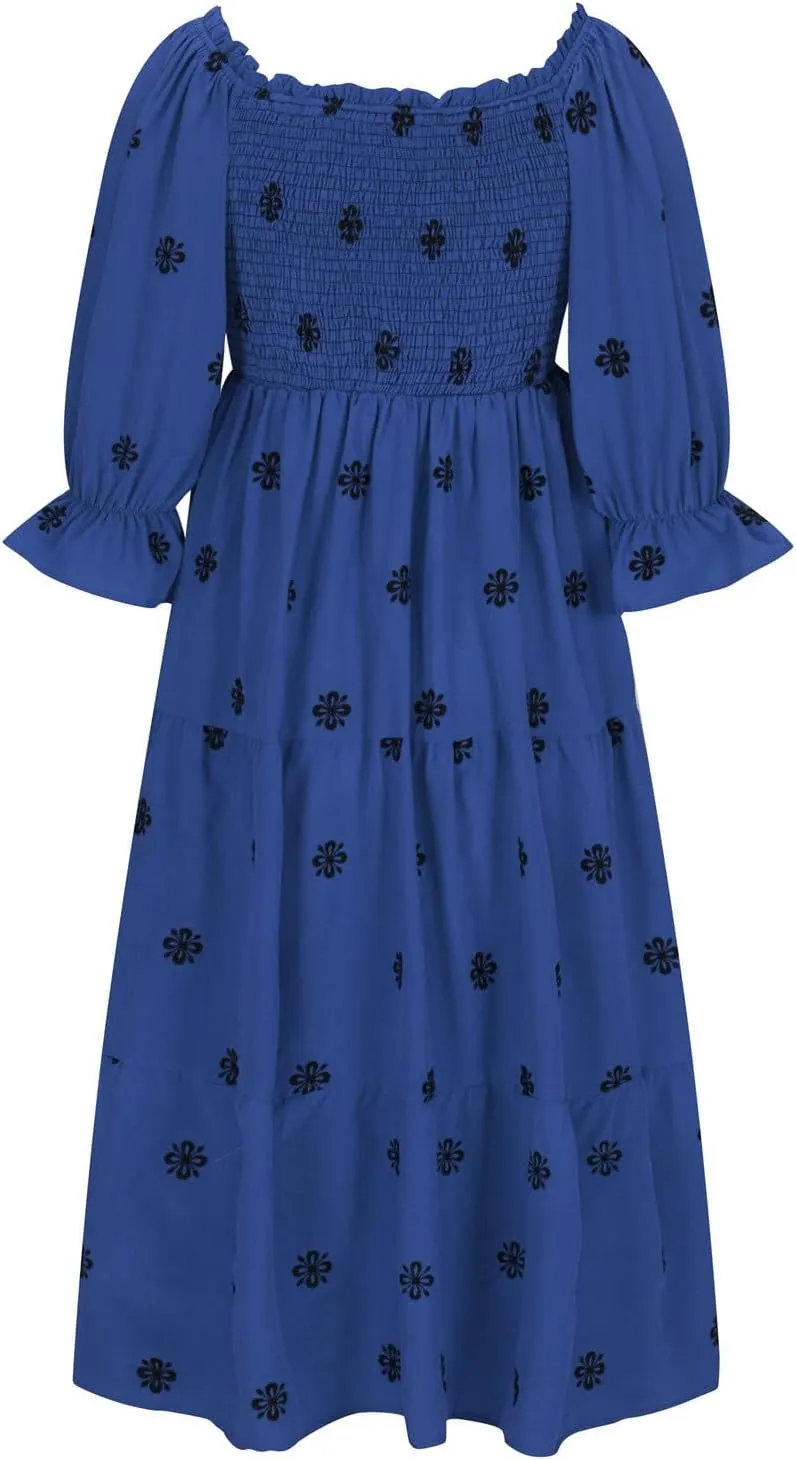Women's 2024 Boho Off-Shoulder Long Sleeve Smocked High Waist Long Dress Floral Flowy A Line Ruffle Trim Maxi Dresses
