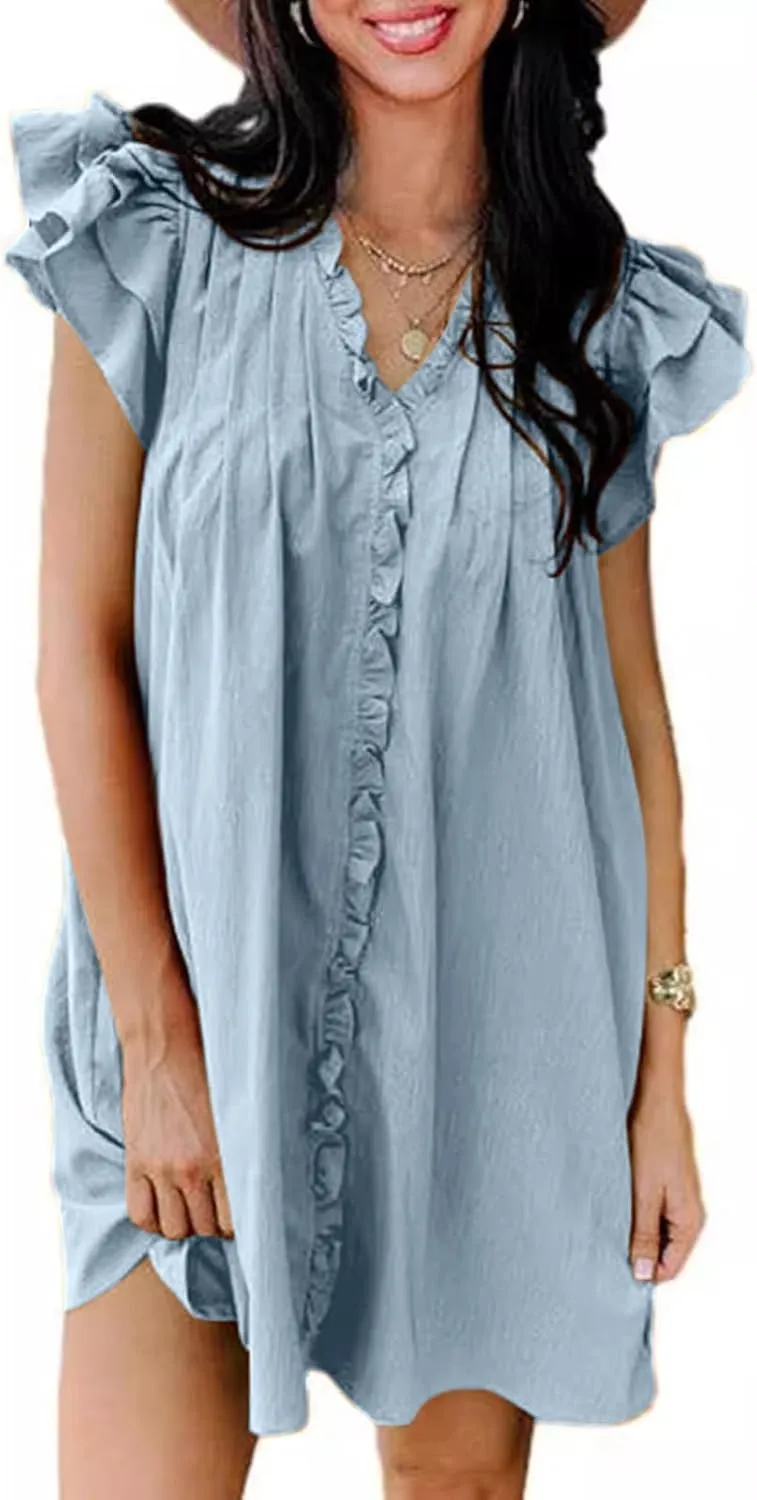Womens 2024 Summer T-Shirts Dresses Casual V-Neck Ruffle Cap Short Sleeve Mini Dress Loose Pleated Beach Sundress
