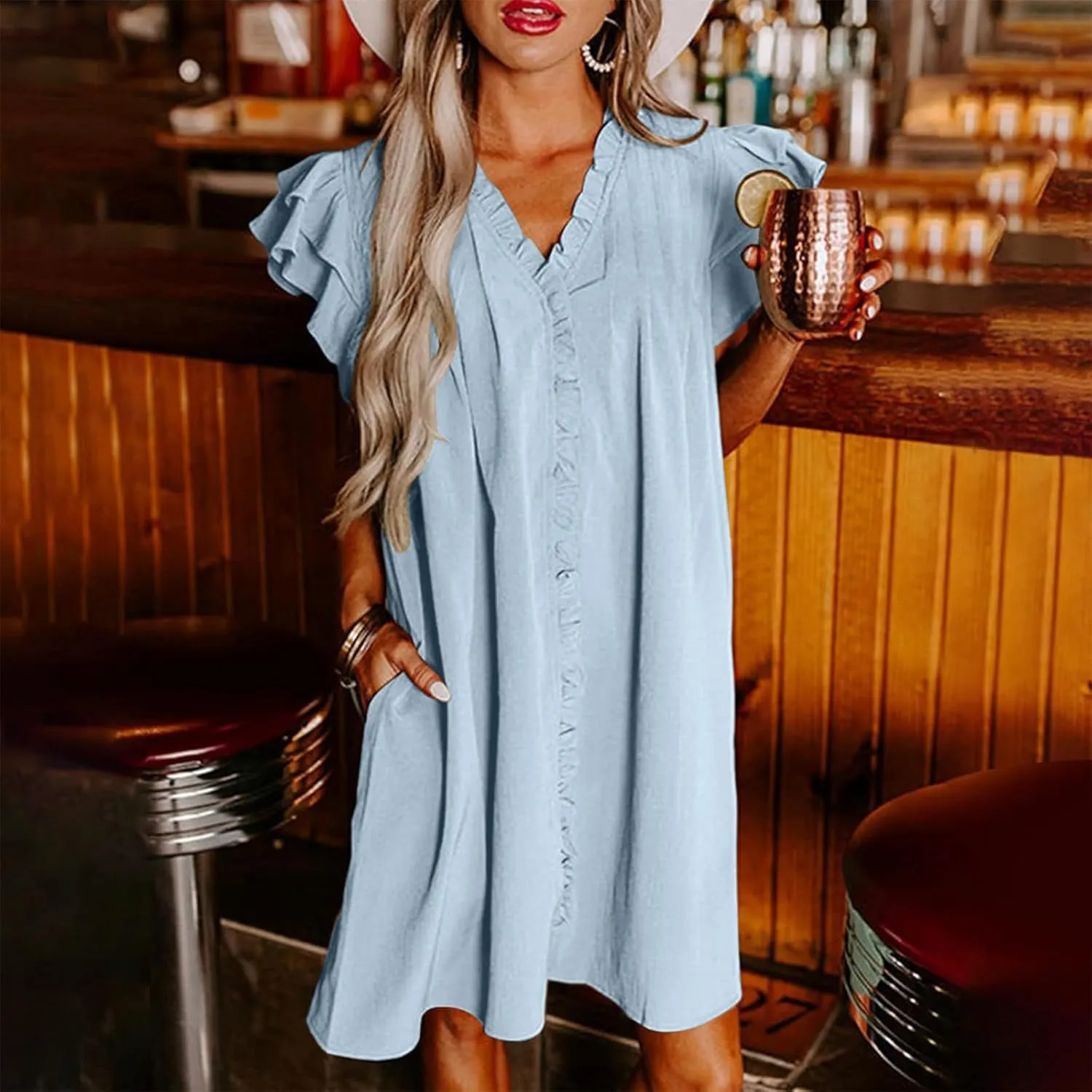 Womens 2024 Summer T-Shirts Dresses Casual V-Neck Ruffle Cap Short Sleeve Mini Dress Loose Pleated Beach Sundress