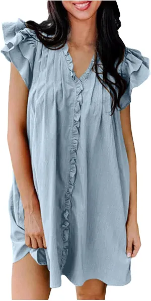 Womens 2024 Summer T-Shirts Dresses Casual V-Neck Ruffle Cap Short Sleeve Mini Dress Loose Pleated Beach Sundress