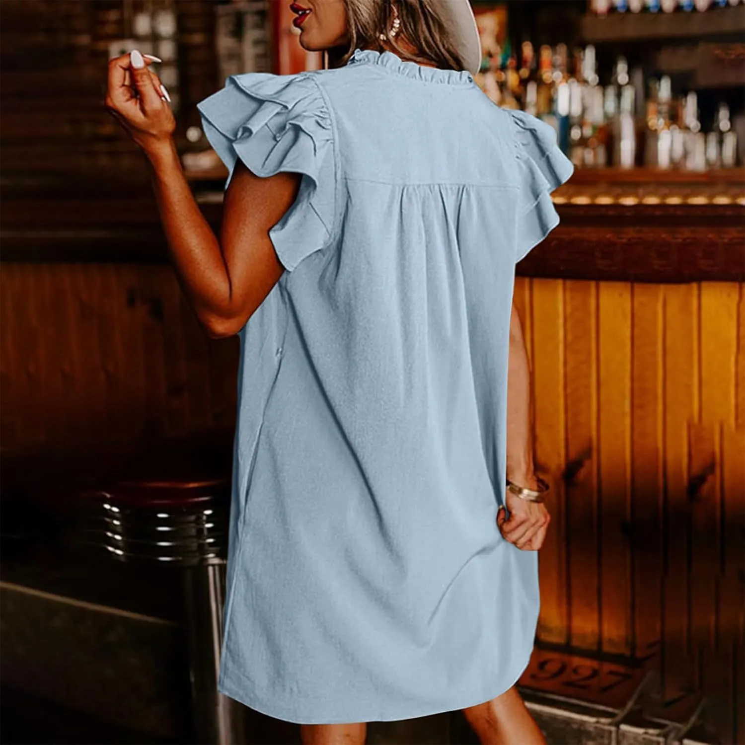 Womens 2024 Summer T-Shirts Dresses Casual V-Neck Ruffle Cap Short Sleeve Mini Dress Loose Pleated Beach Sundress