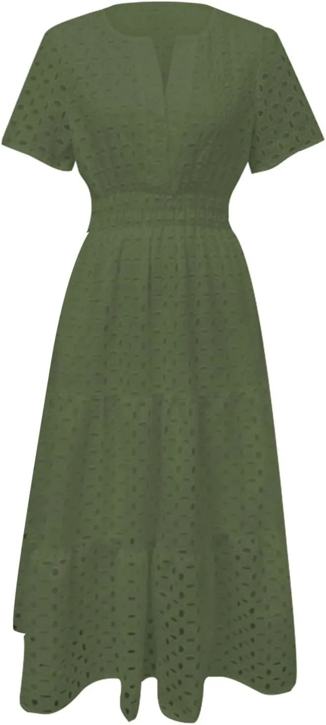 Women's 2025 Summer Maxi Dress Short Sleeve V Neck Hollow Out Casual Eyelet Ruffle Swing A Line Boho Long Dresses