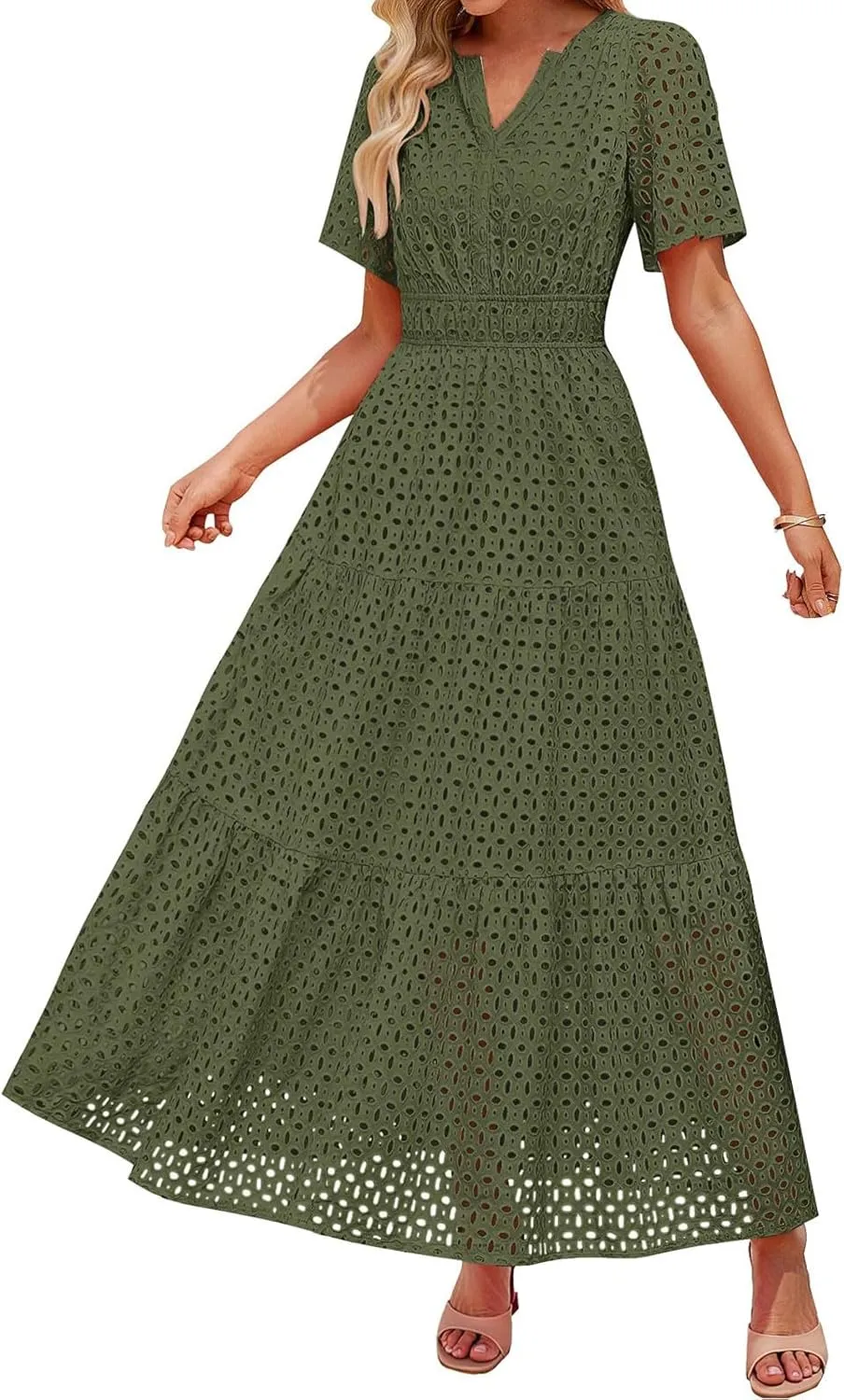 Women's 2025 Summer Maxi Dress Short Sleeve V Neck Hollow Out Casual Eyelet Ruffle Swing A Line Boho Long Dresses