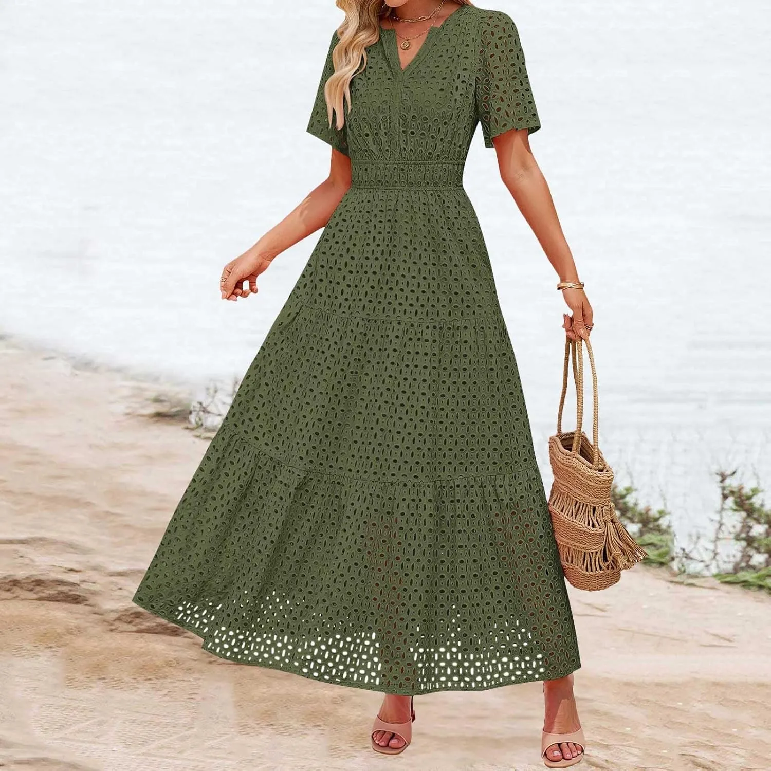 Women's 2025 Summer Maxi Dress Short Sleeve V Neck Hollow Out Casual Eyelet Ruffle Swing A Line Boho Long Dresses