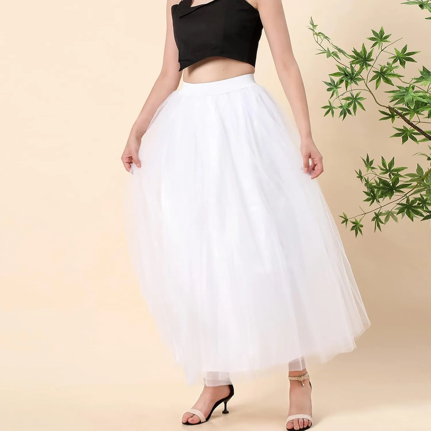 Women's A-Line High Waisted Midi Skirt Womens Long Tulle Skirt Pleated A Line Skirt High Waist Elastic Mesh Flowy