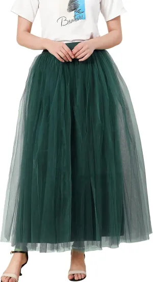 Women's A-Line High Waisted Midi Skirt Womens Long Tulle Skirt Pleated A Line Skirt High Waist Elastic Mesh Flowy