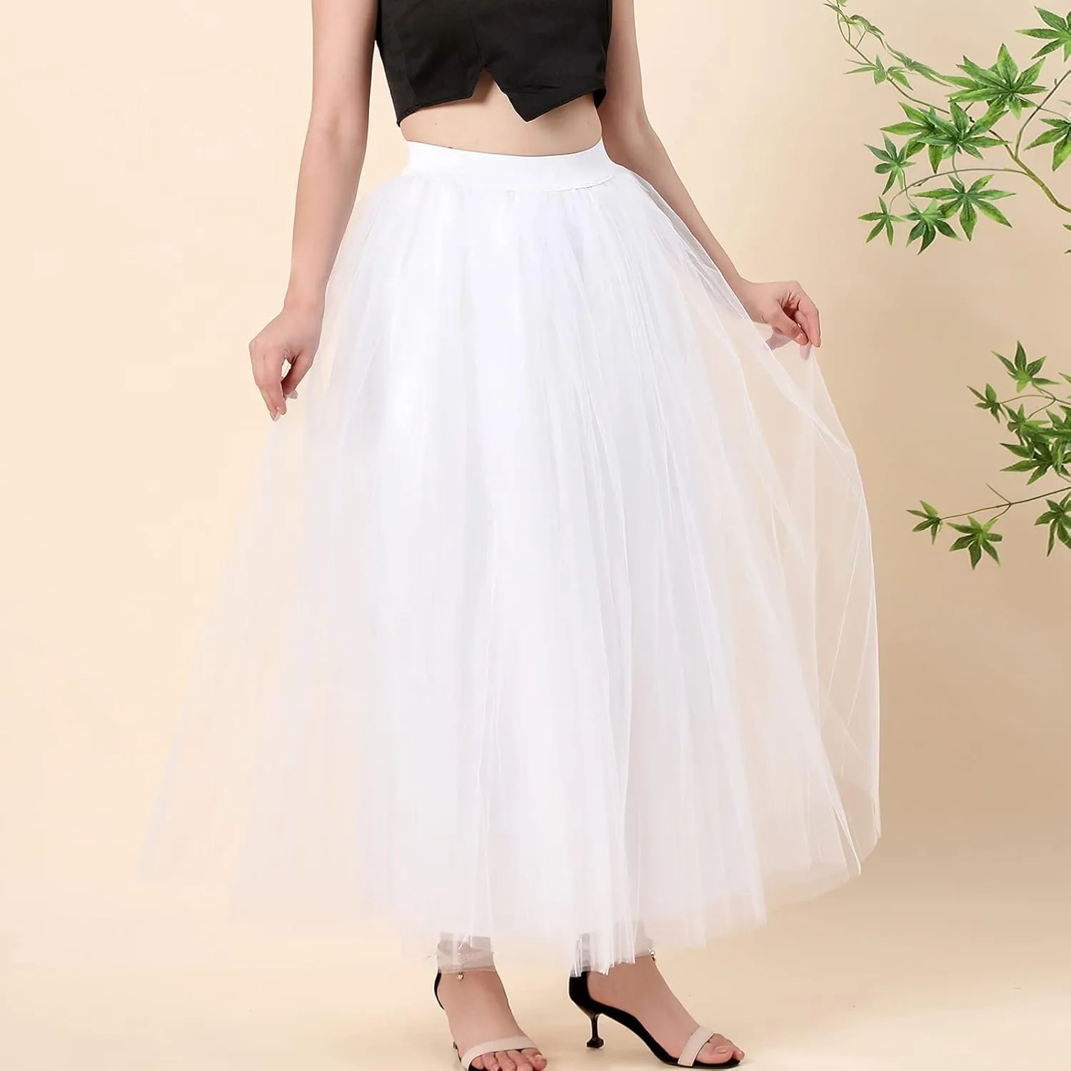 Women's A-Line High Waisted Midi Skirt Womens Long Tulle Skirt Pleated A Line Skirt High Waist Elastic Mesh Flowy