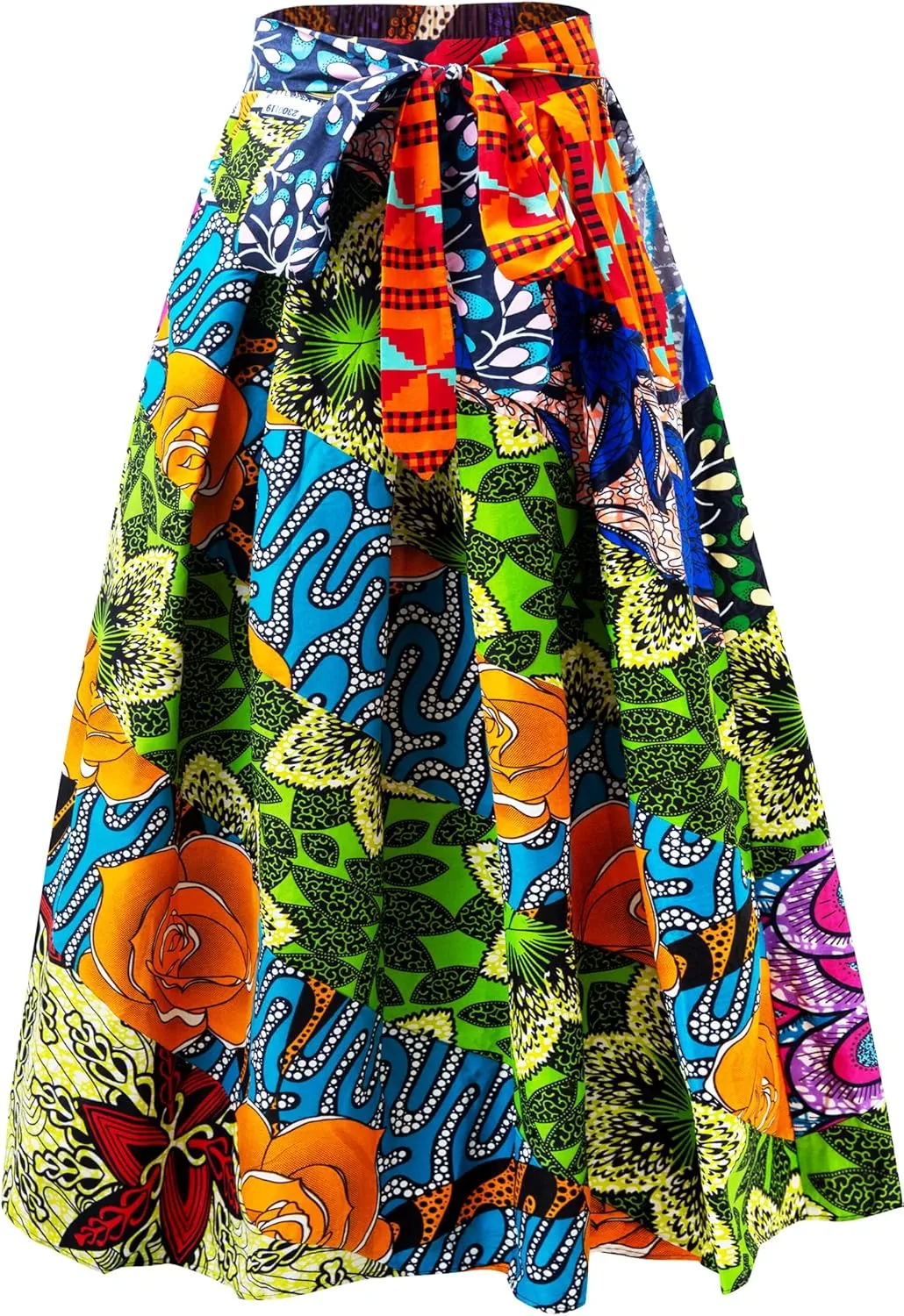 Women's African Print High Waist Pleated A Line Long Maxi Skirts with Pockets