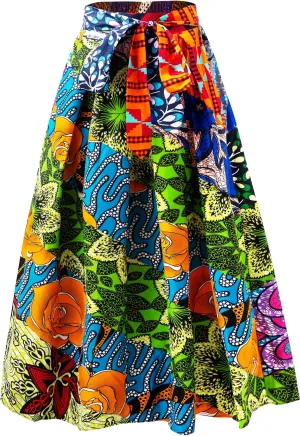 Women's African Print High Waist Pleated A Line Long Maxi Skirts with Pockets