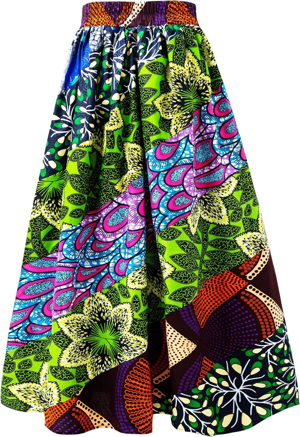Women's African Print High Waist Pleated A Line Long Maxi Skirts with Pockets