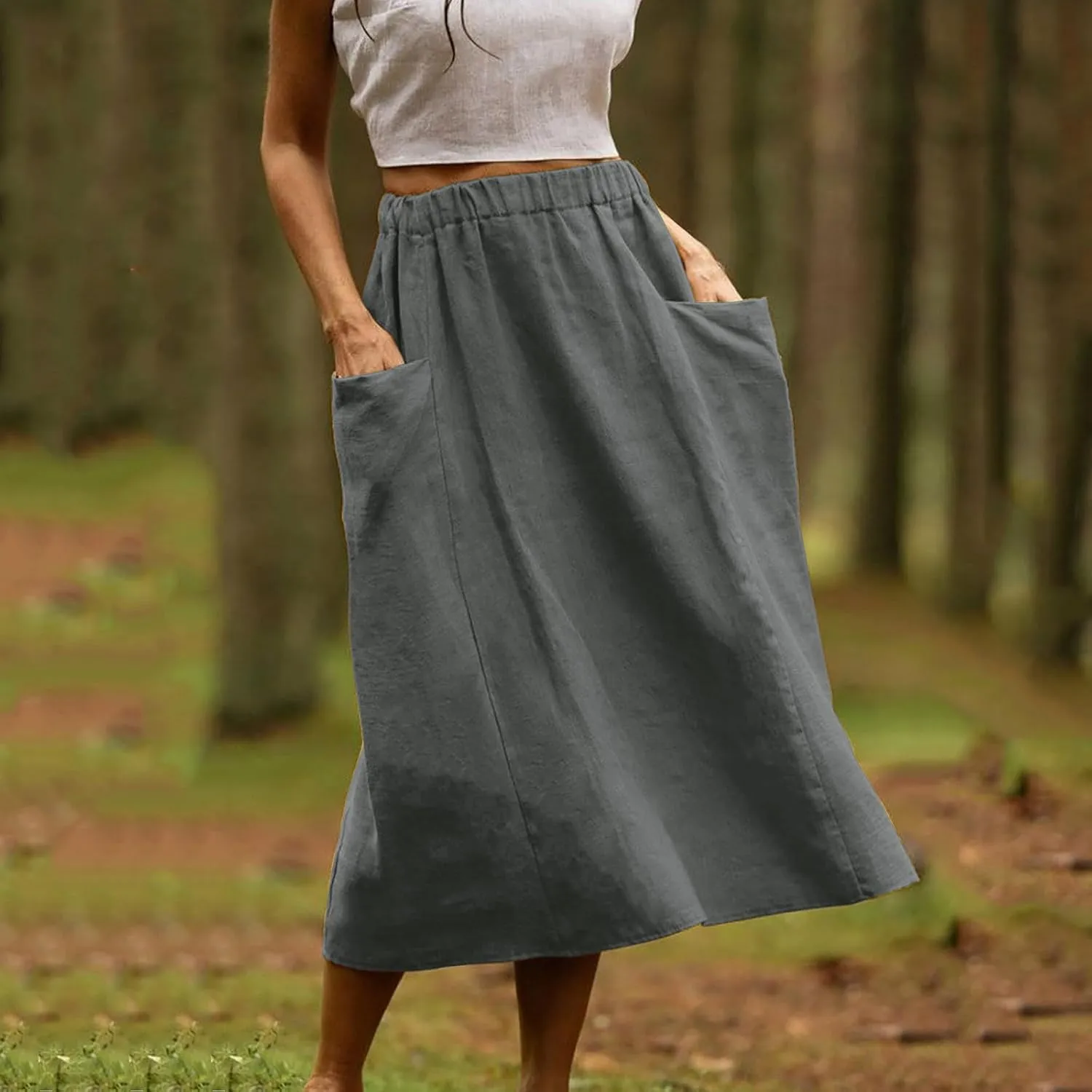 Womens Beach Skirts Summer Comfy Cotton Linen Skirts Basic Solid Color Elastic Waist A-Line Midi Skirts with Pockets