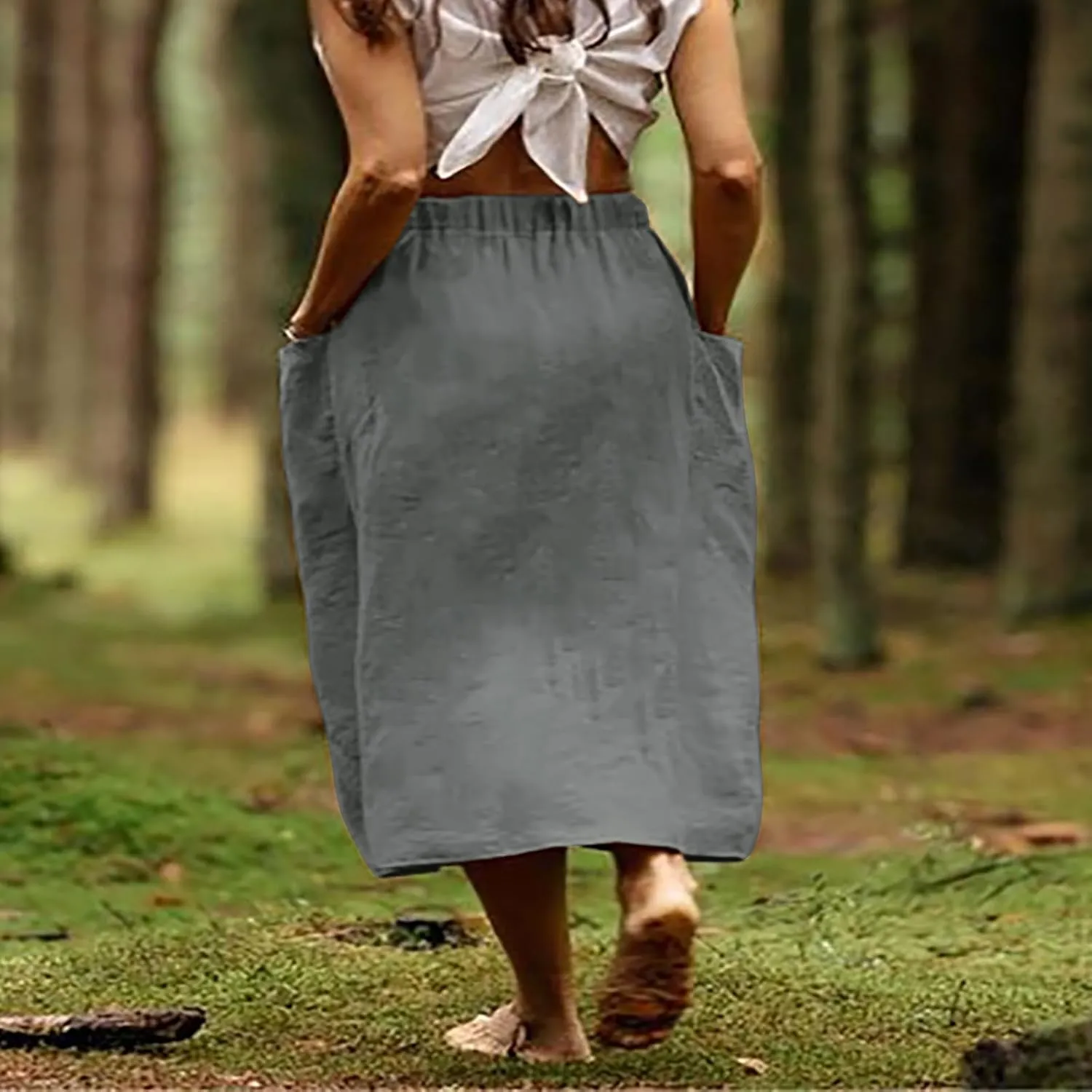 Womens Beach Skirts Summer Comfy Cotton Linen Skirts Basic Solid Color Elastic Waist A-Line Midi Skirts with Pockets