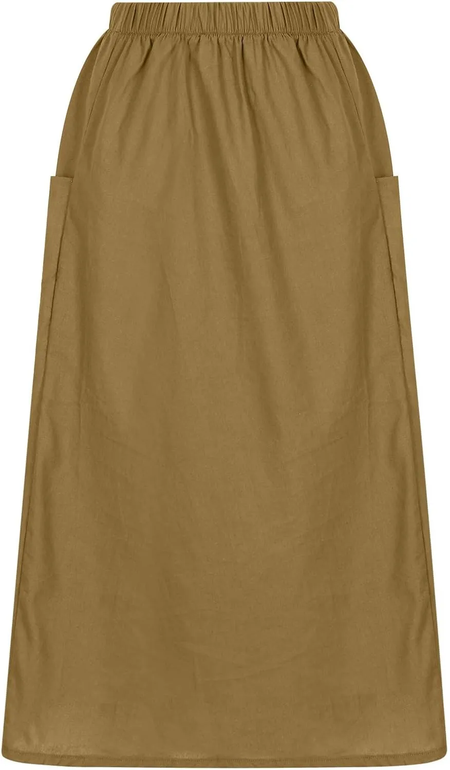 Womens Beach Skirts Summer Comfy Cotton Linen Skirts Basic Solid Color Elastic Waist A-Line Midi Skirts with Pockets