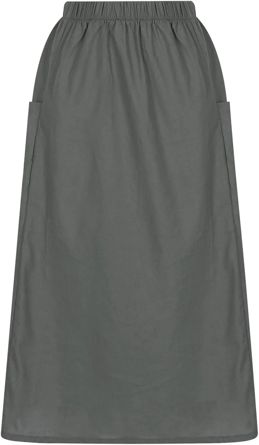 Womens Beach Skirts Summer Comfy Cotton Linen Skirts Basic Solid Color Elastic Waist A-Line Midi Skirts with Pockets