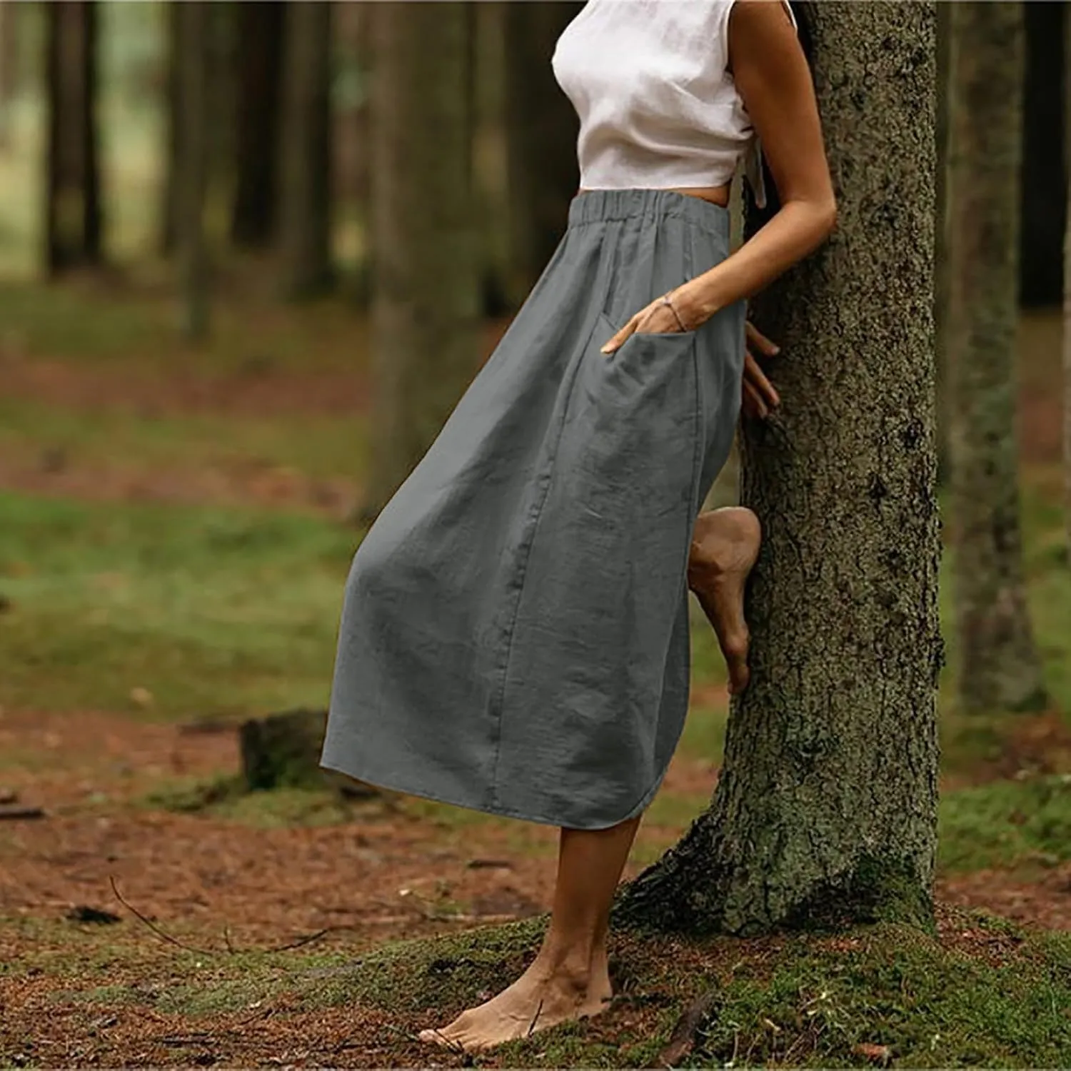 Womens Beach Skirts Summer Comfy Cotton Linen Skirts Basic Solid Color Elastic Waist A-Line Midi Skirts with Pockets