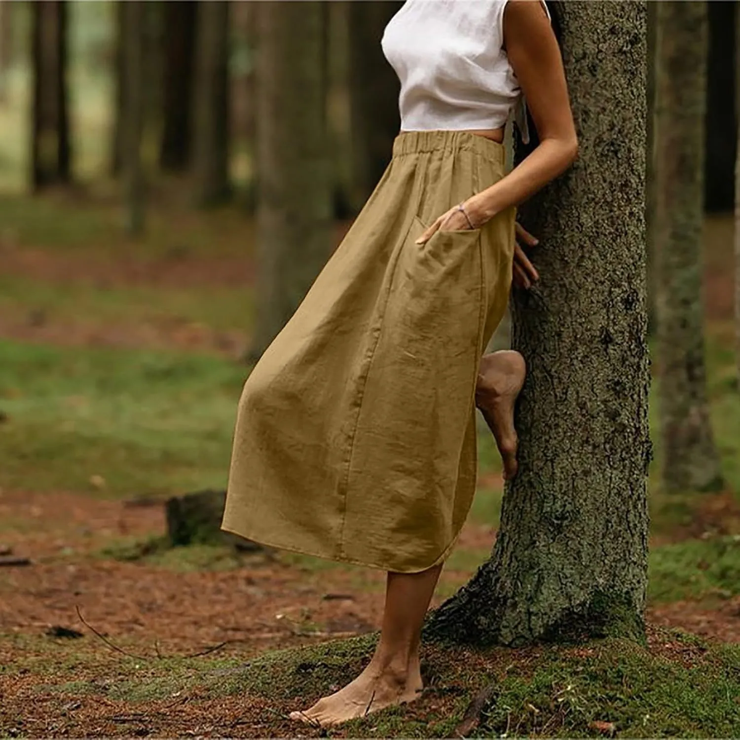 Womens Beach Skirts Summer Comfy Cotton Linen Skirts Basic Solid Color Elastic Waist A-Line Midi Skirts with Pockets