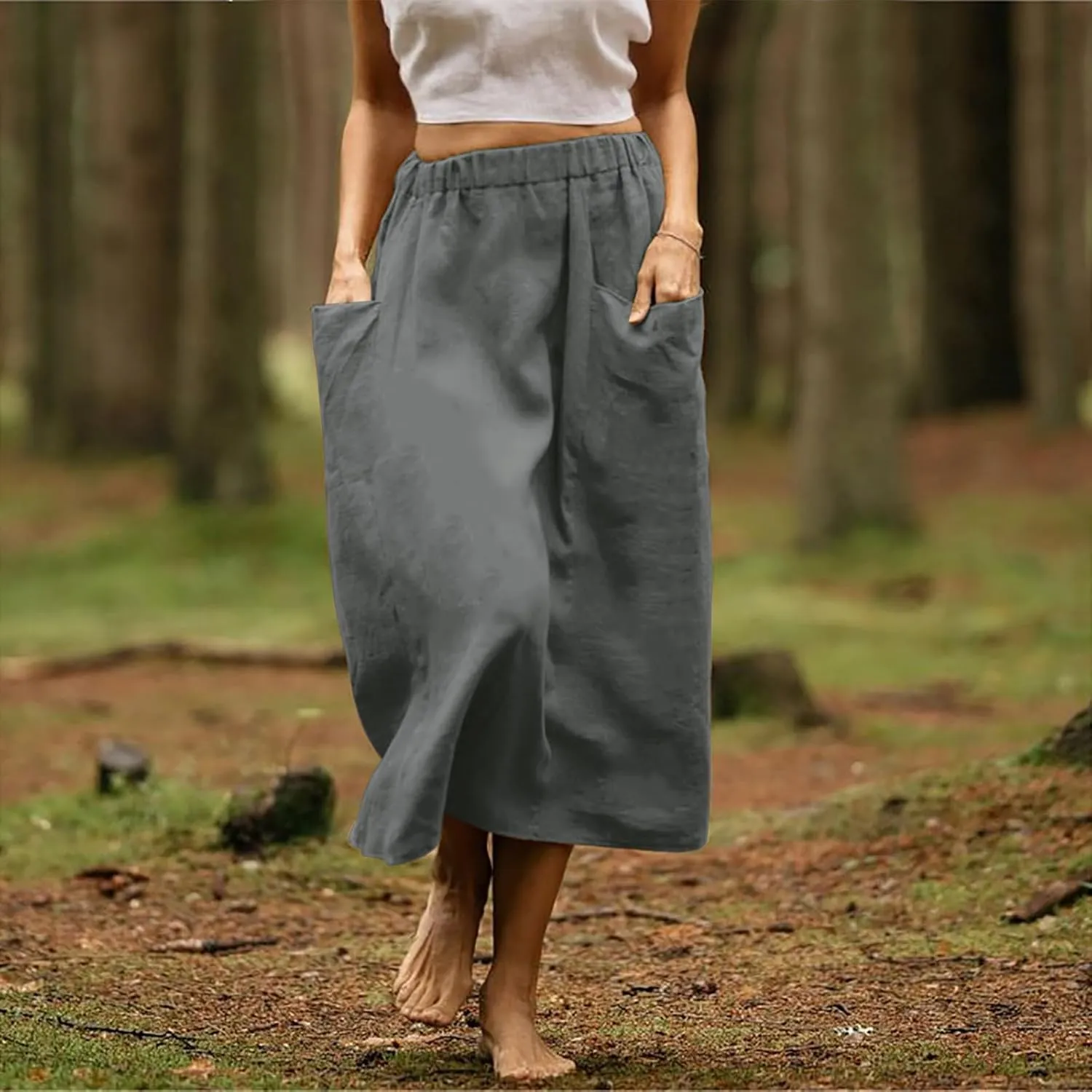 Womens Beach Skirts Summer Comfy Cotton Linen Skirts Basic Solid Color Elastic Waist A-Line Midi Skirts with Pockets