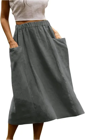 Womens Beach Skirts Summer Comfy Cotton Linen Skirts Basic Solid Color Elastic Waist A-Line Midi Skirts with Pockets