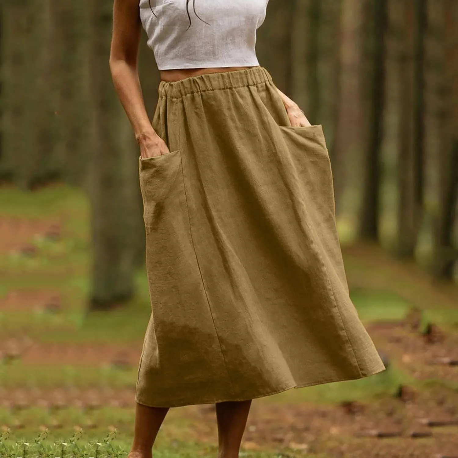 Womens Beach Skirts Summer Comfy Cotton Linen Skirts Basic Solid Color Elastic Waist A-Line Midi Skirts with Pockets