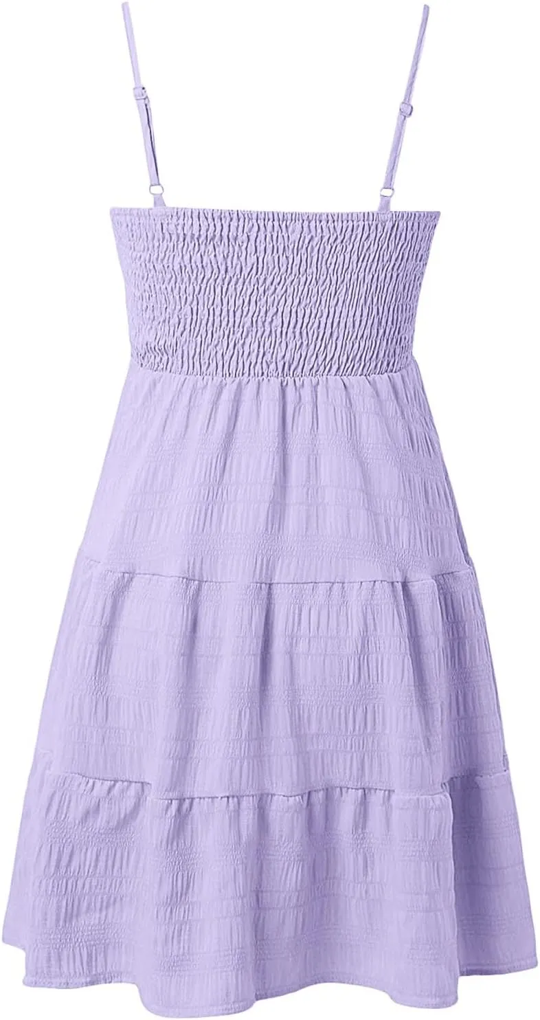 Women's Beach Wedding Guest Dress Spaghetti Strap Ruffle Tiered Mini Sundress Beach Party Homecoming,S-2XL