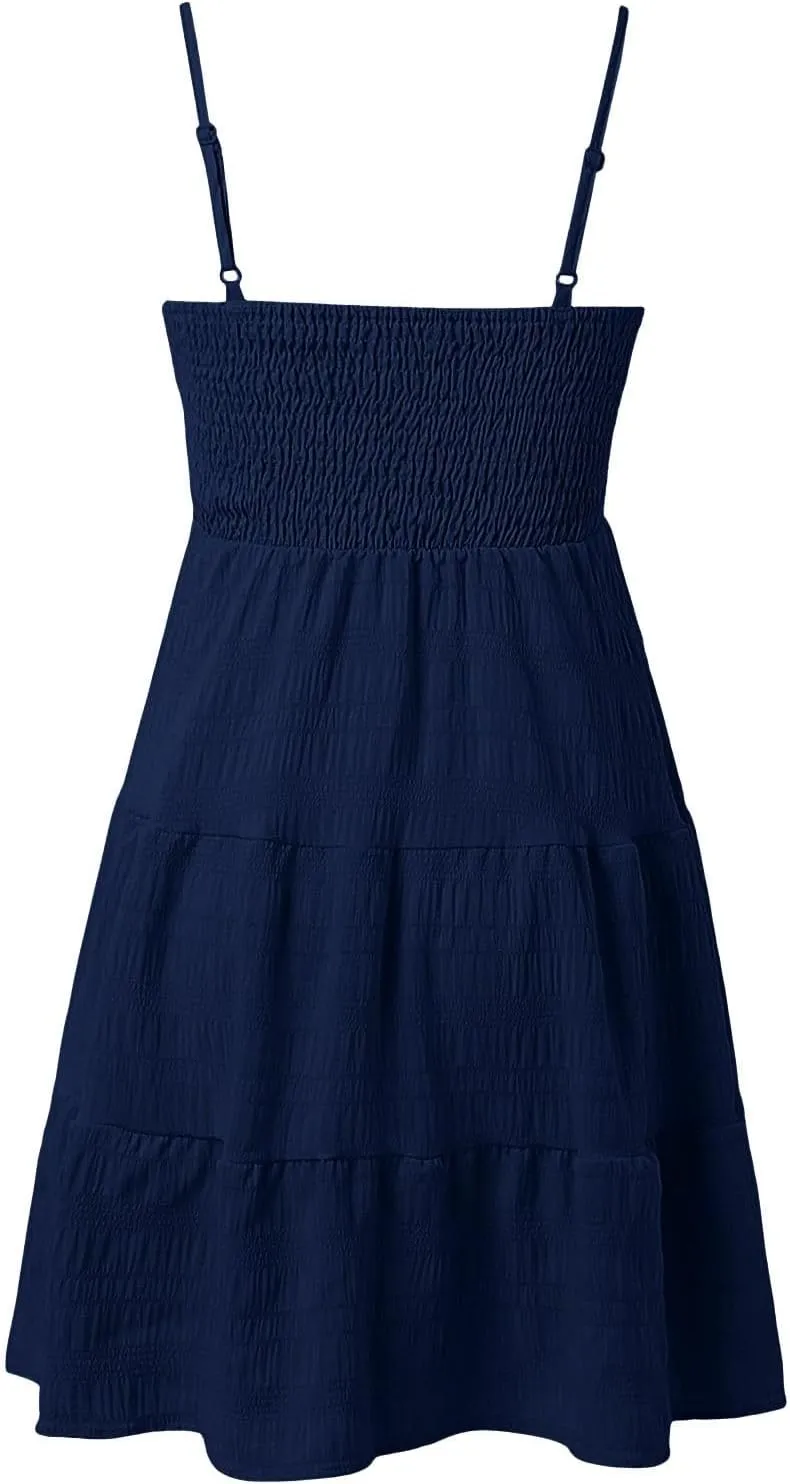 Women's Beach Wedding Guest Dress Spaghetti Strap Ruffle Tiered Mini Sundress Beach Party Homecoming,S-2XL