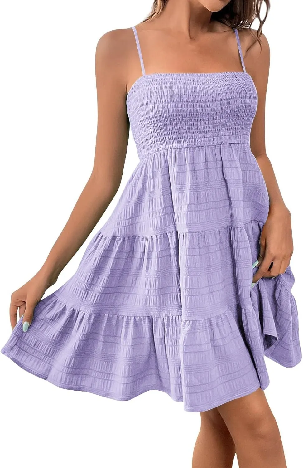 Women's Beach Wedding Guest Dress Spaghetti Strap Ruffle Tiered Mini Sundress Beach Party Homecoming,S-2XL