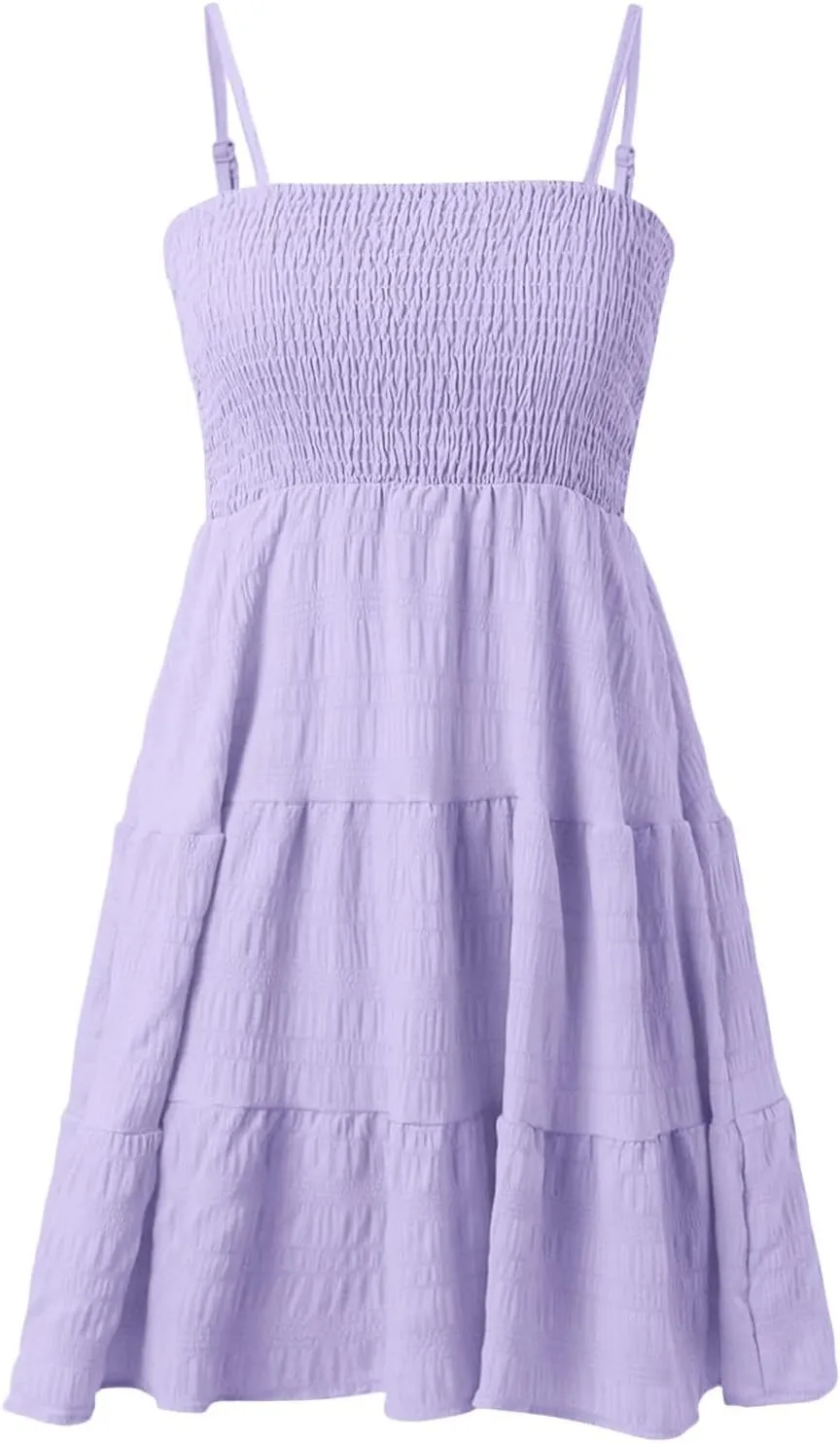 Women's Beach Wedding Guest Dress Spaghetti Strap Ruffle Tiered Mini Sundress Beach Party Homecoming,S-2XL