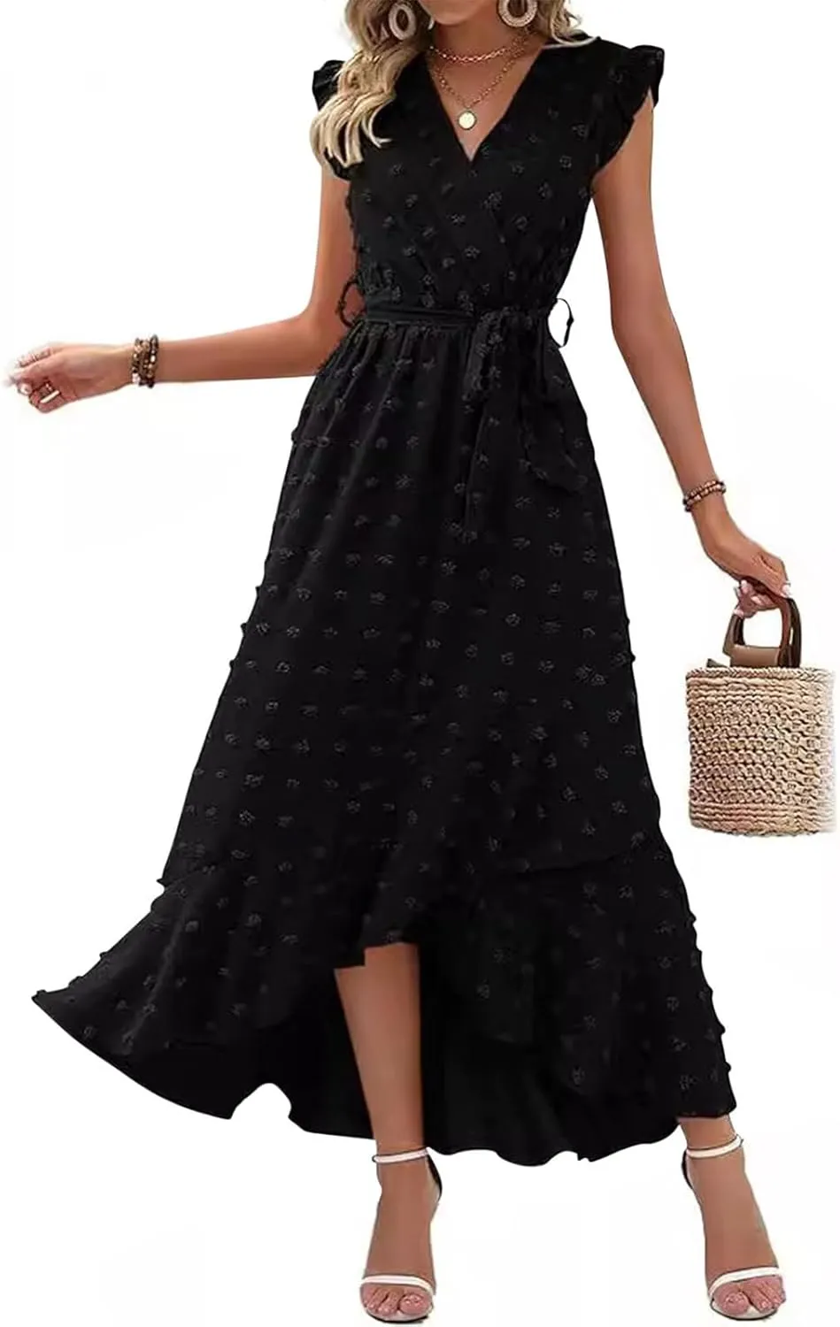 Women's Bohemian Swiss Dot Wrap V Neck Sleeveless Beach Party Maxi Dress Elegant Wedding Guest Sundresses