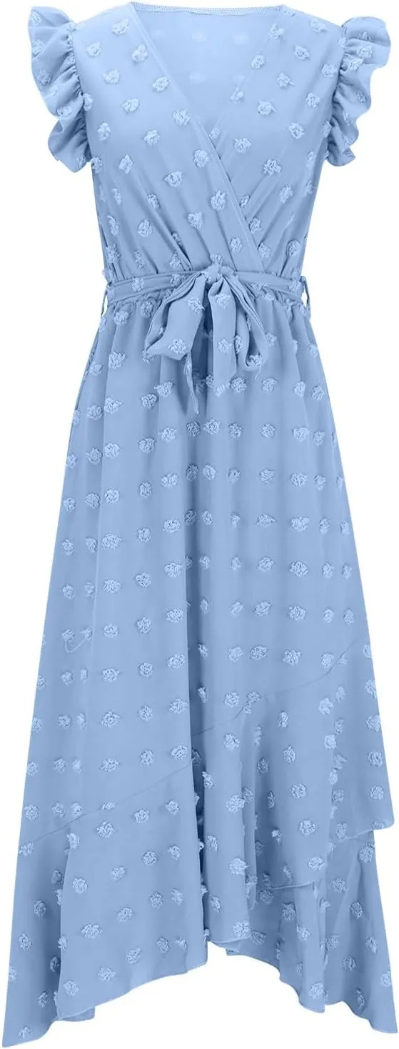 Women's Bohemian Swiss Dot Wrap V Neck Sleeveless Beach Party Maxi Dress Elegant Wedding Guest Sundresses