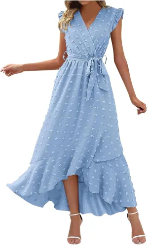 Women's Bohemian Swiss Dot Wrap V Neck Sleeveless Beach Party Maxi Dress Elegant Wedding Guest Sundresses