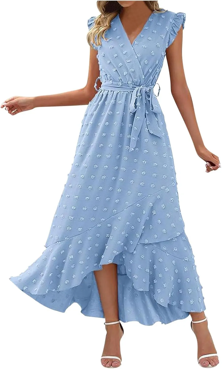Women's Bohemian Swiss Dot Wrap V Neck Sleeveless Beach Party Maxi Dress Elegant Wedding Guest Sundresses