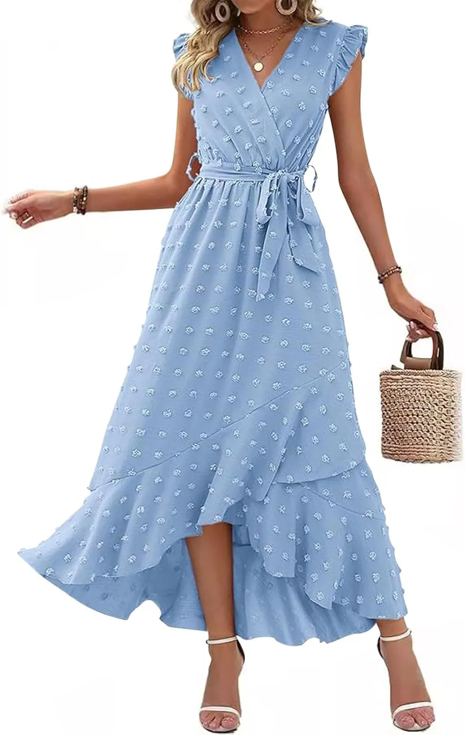 Women's Bohemian Swiss Dot Wrap V Neck Sleeveless Beach Party Maxi Dress Elegant Wedding Guest Sundresses