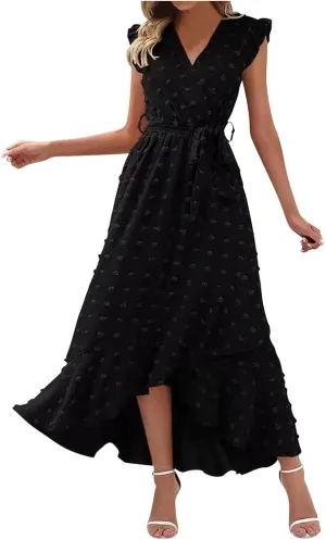 Women's Bohemian Swiss Dot Wrap V Neck Sleeveless Beach Party Maxi Dress Elegant Wedding Guest Sundresses