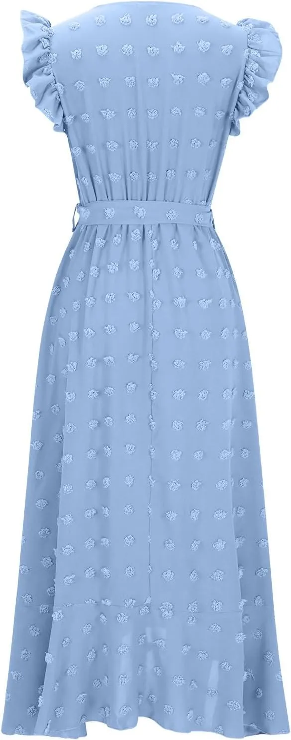 Women's Bohemian Swiss Dot Wrap V Neck Sleeveless Beach Party Maxi Dress Elegant Wedding Guest Sundresses