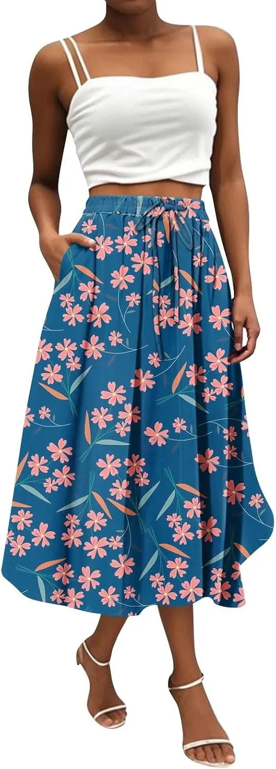 Women's Boho Beach Skirts 2025 Summer Ruffle High Waisted A Line Midi Skirt Flowy Beach Vacation Outfits with Pockets