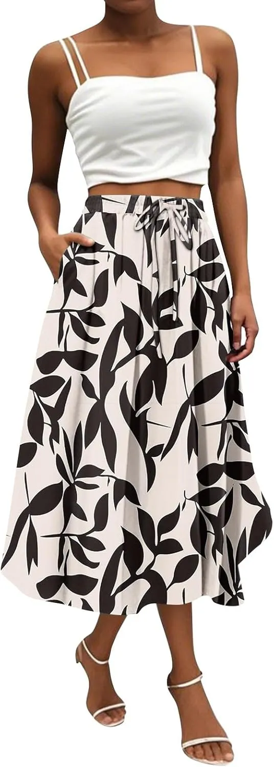 Women's Boho Beach Skirts 2025 Summer Ruffle High Waisted A Line Midi Skirt Flowy Beach Vacation Outfits with Pockets
