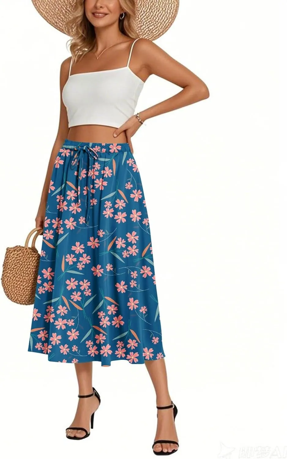 Women's Boho Beach Skirts 2025 Summer Ruffle High Waisted A Line Midi Skirt Flowy Beach Vacation Outfits with Pockets