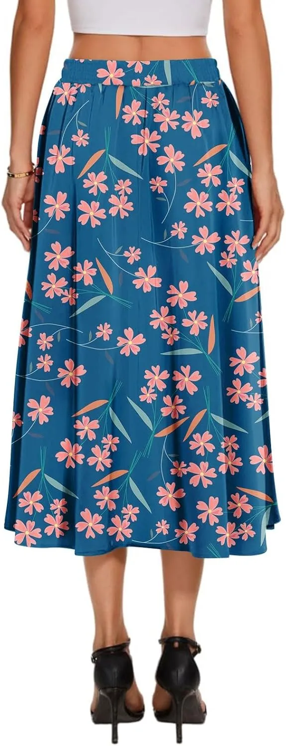 Women's Boho Beach Skirts 2025 Summer Ruffle High Waisted A Line Midi Skirt Flowy Beach Vacation Outfits with Pockets